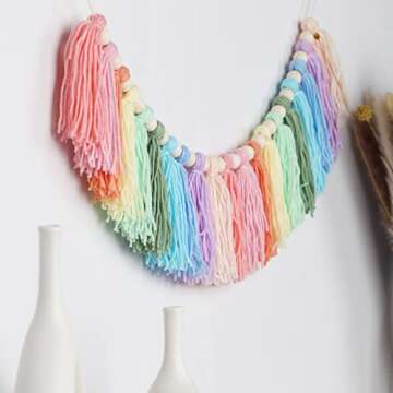 Pastel Rainbow Tassel Garland - Boho Tassel Garland with Wood Beads - Wall Decor for Dorm, Girls Room and Nursery Room for Home Party Baby Shower Supplies (Soft Colors) (C)