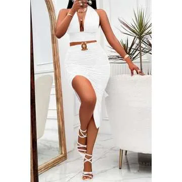 Yucixitug Women Sexy Going Out Clubwear 2 Piece Crop Top Short Skirt Set Bodycon Cocktail Date Night Backless Deep V Neck Tops Asymmetrical Hem High Waist Ruched Midi Skirts Large Y3301 White L