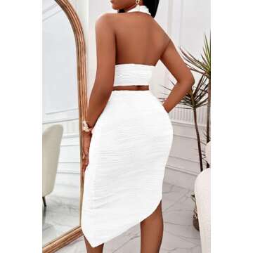 Yucixitug Women Sexy Going Out Clubwear 2 Piece Crop Top Short Skirt Set Bodycon Cocktail Date Night Backless Deep V Neck Tops Asymmetrical Hem High Waist Ruched Midi Skirts Large Y3301 White L