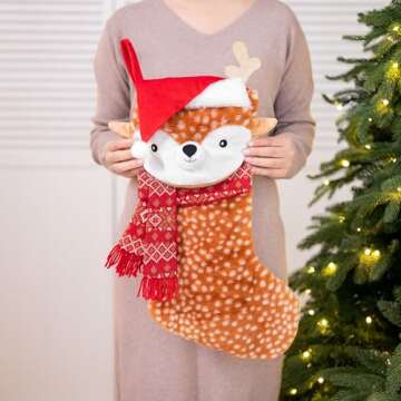 Valery Madelyn Christmas Stockings Decorations, 21 Inch Fabric Red Brown Sika Deer Cute Plush Personalized Fireplace Hanging Ornament for Holiday Xmas Party Decor
