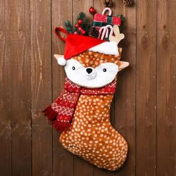 Valery Madelyn Christmas Stockings Decorations, 21 Inch Fabric Red Brown Sika Deer Cute Plush Personalized Fireplace Hanging Ornament for Holiday Xmas Party Decor