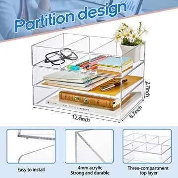 Kathfly Acrylic Desk Organizer 3 Tier Clear Desk Organizer Stackable Paper Letter File Tray Storage ...