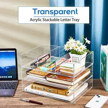 Kathfly Acrylic Desk Organizer 3 Tier Clear Desk Organizer Stackable Paper Letter File Tray Storage Accessories for Office Workspace Classroom Supplies(3 Compartments)