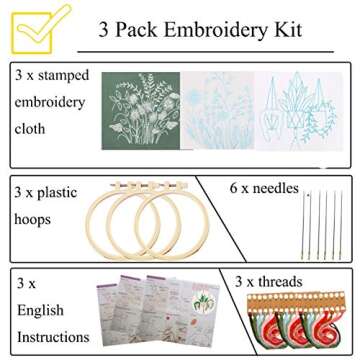 Nuberlic 3 Pack Embroidery Kits for Beginners Starters Cross Stitch Kits with Pattern for Adults Kids Craft Stamped Cloth 3 Hoops Threads Needles