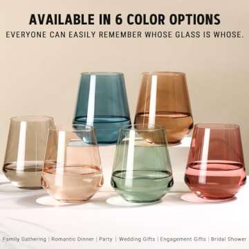 Colored Stemless Wine Glasses Set of 6-17 oz Hand-Blown Crystal Colored Glassware with no Stem, Mult...