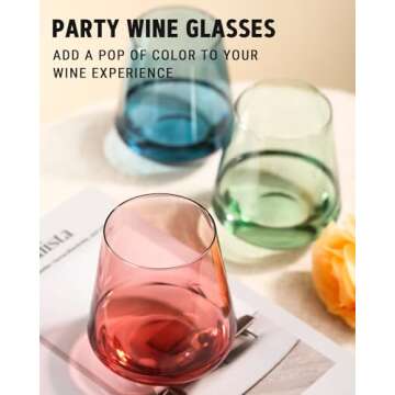 Colored Stemless Wine Glasses Set of 6-17 oz Hand-Blown Crystal Colored Glassware with no Stem, Multicolor Wine Glass for Wine Lovers, Wedding, Birthday, Mother's Day Housewarming Gifts for Women
