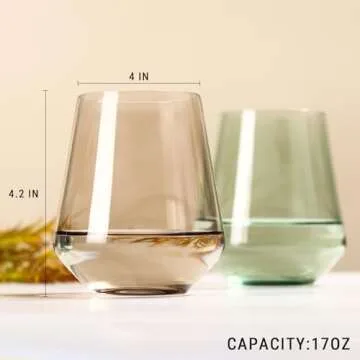 Colored Stemless Wine Glasses Set of 6-17 oz Hand-Blown Crystal Colored Glassware with no Stem, Multicolor Wine Glass for Wine Lovers, Wedding, Birthday, Mother's Day Housewarming Gifts for Women