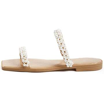 Coutgo Womens Flat Sandals Square Open Toe Pearl Two Strap Slip On Beach Slide Dressy Sandal