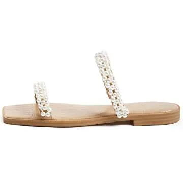 Coutgo Womens Flat Sandals Square Open Toe Pearl Two Strap Slip On Beach Slide Dressy Sandal