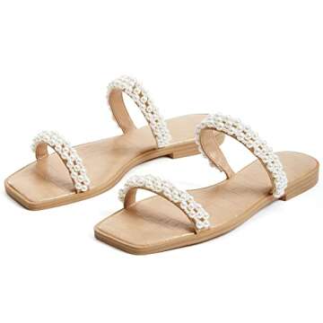 Coutgo Womens Flat Sandals Square Open Toe Pearl Two Strap Slip On Beach Slide Dressy Sandal
