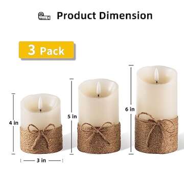 AKU TONPA Flameless Candles Battery Operated Pillar Real Wax Electric LED Candle Gift Set with Remote Control and Timer, 4" 5" 6" Pack of 3 (Ivory Wax with Hemp Rope)