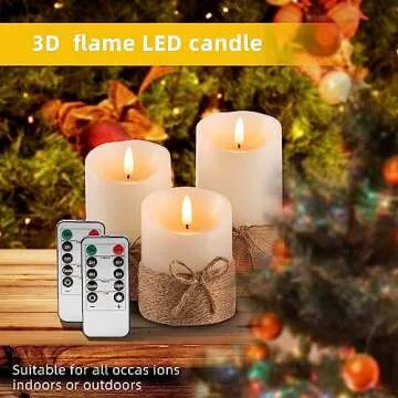 AKU TONPA Flameless Candles Battery Operated Pillar Real Wax Electric LED Candle Gift Set with Remote Control and Timer, 4" 5" 6" Pack of 3 (Ivory Wax with Hemp Rope)