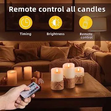 AKU TONPA Flameless Candles Battery Operated Pillar Real Wax Electric LED Candle Gift Set with Remote Control and Timer, 4" 5" 6" Pack of 3 (Ivory Wax with Hemp Rope)