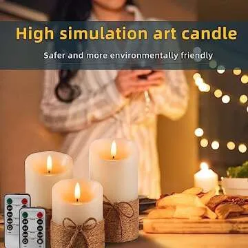 AKU TONPA Flameless Candles Battery Operated Pillar Real Wax Electric LED Candle Gift Set with Remote Control and Timer, 4" 5" 6" Pack of 3 (Ivory Wax with Hemp Rope)