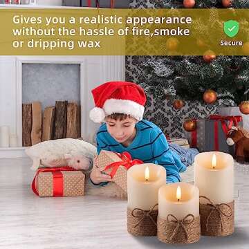 AKU TONPA Flameless Candles Battery Operated Pillar Real Wax Electric LED Candle Gift Set with Remote Control and Timer, 4" 5" 6" Pack of 3 (Ivory Wax with Hemp Rope)