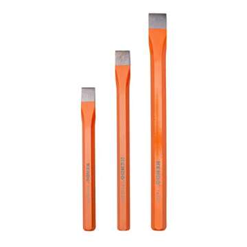 KENDO 3-Pieces Heavy Duty All Purpose Cold Chisel Set - Industrial Grade Octagonal Steel Hand Tools For Carpentry, Metalwork, Woodwork & Masonry - Sizes 8", 10", 12" - Roll Up Storage Pouch Included