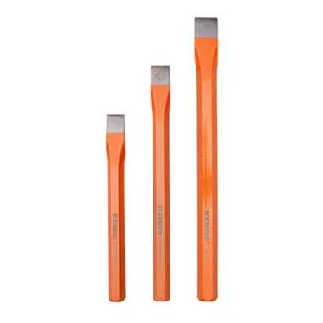 KENDO 3-Pieces Heavy Duty All Purpose Cold Chisel Set - Industrial Grade Octagonal Steel Hand Tools For Carpentry, Metalwork, Woodwork & Masonry - Sizes 8", 10", 12" - Roll Up Storage Pouch Included