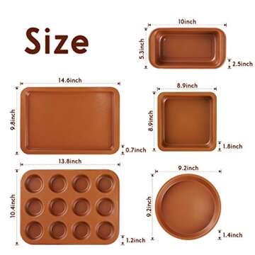 Vplus Bakeware Sets 5 Pcs Nonstick Carbon Steel Baking Include Round Cake Pan, Loaf Pan, Cookie Sheet, Square Pan, and 12 Cups Muffin Pan