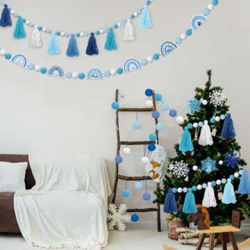 Sumind 5 Pcs Winter Christmas Garland Decorations Candy Snowflake Tassel Garland Holiday Pom Pom Rainbow Felt Ball Banner for Classroom Home Xmas Party Supplies(Snowflake)