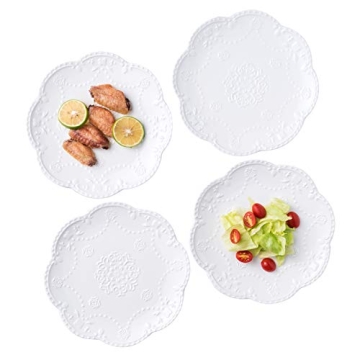 Jusalpha Set of 4- Embossed Lace Porcelain Plate-Dinner Plate Set, Pasta/Salad/Dessert Plate,Tablewa...