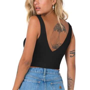 REORIA Women's Summer Sexy Plunge Deep V Neck Double Lined Sleeveless Backless Slim Fitted Cami Camisole Going Out Cropped Tank Top Trendy Basic Crop Tops Plus Size Black 2X-Large