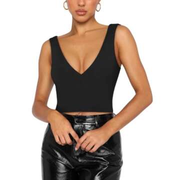 REORIA Women's Summer Sexy Plunge Deep V Neck Double Lined Sleeveless Backless Slim Fitted Cami Camisole Going Out Cropped Tank Top Trendy Basic Crop Tops Plus Size Black 2X-Large