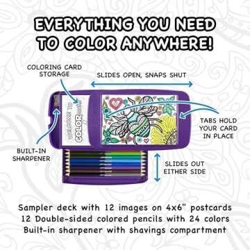 Colorpockit Coloring Kit Travel Art Set with Colored Pencils, 4x6 Coloring Cards, Built in Sharpener, Mess Free Trip Activities for Airplanes or Car, 8.5 x 5, 28 pieces
