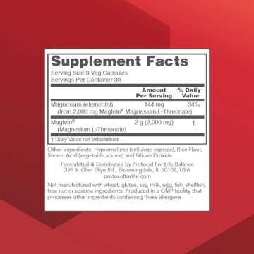 Protocol Magtein - 2,000mg Magnesium L-Threonate Magtein - Supports Brain Focus & Memory Health* - K...