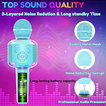 Wireless Bluetooth Karaoke Microphone with Controllable LED Lights, 5-in-1 Portable Mic Speaker Player Recorder, Great Toys Birthday Gifts for 3 4 5 6 7 8 Years Old Girls Boys (Blue)