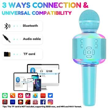 Wireless Bluetooth Karaoke Microphone with Controllable LED Lights, 5-in-1 Portable Mic Speaker Player Recorder, Great Toys Birthday Gifts for 3 4 5 6 7 8 Years Old Girls Boys (Blue)