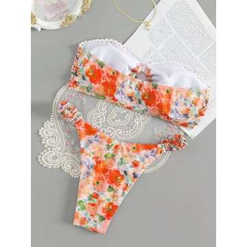 GORGLITTER Women's Floral Swimsuit Strapless Bandeau High Cut Thong Bikini Set Bathing Suit Orange M...