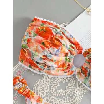 GORGLITTER Women's Floral Swimsuit Strapless Bandeau High Cut Thong Bikini Set Bathing Suit Orange Multi Floral Large