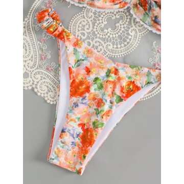 GORGLITTER Women's Floral Swimsuit Strapless Bandeau High Cut Thong Bikini Set Bathing Suit Orange Multi Floral Large