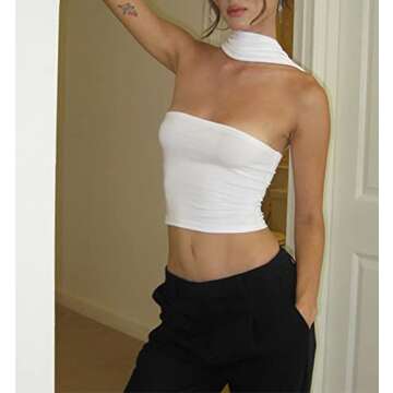 PICPUNMAK Women Sexy Strapless Halter Tube Top Hollow Out Sleeveless Solid Slim Bandeau Tops Off Shoulder Tank Vest Club Wear White