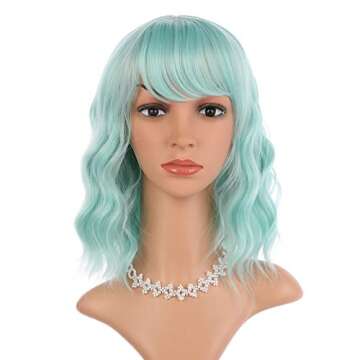 eNilecor Mint Green Wig with Air Bangs,14" Short Curly Wavy Bob Wig for Women,Shoulder Length Fun Wi...