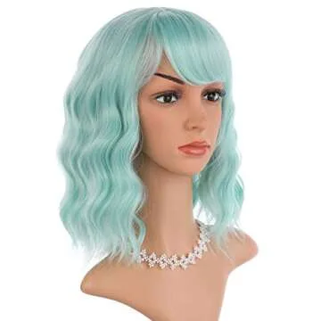 eNilecor Mint Green Wig with Air Bangs,14" Short Curly Wavy Bob Wig for Women,Shoulder Length Fun Wigs Synthetic Colorful Wigs for Daily Cosplay
