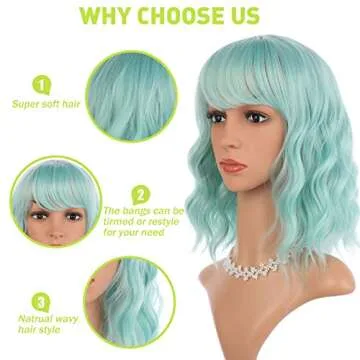 eNilecor Mint Green Wig with Air Bangs,14" Short Curly Wavy Bob Wig for Women,Shoulder Length Fun Wigs Synthetic Colorful Wigs for Daily Cosplay