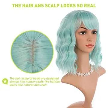 eNilecor Mint Green Wig with Air Bangs,14" Short Curly Wavy Bob Wig for Women,Shoulder Length Fun Wigs Synthetic Colorful Wigs for Daily Cosplay