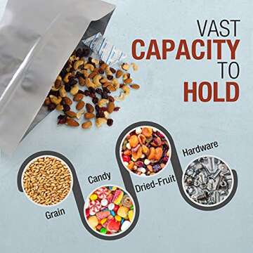 TekUnlimited - 10 Pack | 5 GALLON Mylar Bags w/ 15 (2000cc) Oxygen Absorbers (Individual) –10 mil Mylar Bags for Food Storage for Grains, Wheat, Rice, Dry Aging Bags for Meat - Long Term Food Storage