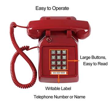 Traditional Red Landline Phone, Retro Corded Telephone with Message Indicator, Classic 2500 Analog Desk Phone, Vintage Corded Desk Telephone Large Button, Old Red Telephone Landline for School,Home