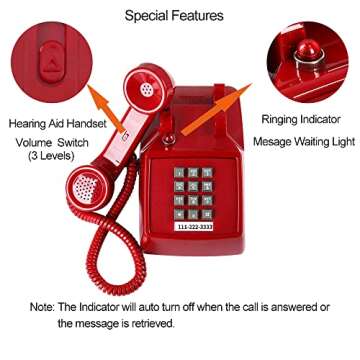 Traditional Red Landline Phone, Retro Corded Telephone with Message Indicator, Classic 2500 Analog Desk Phone, Vintage Corded Desk Telephone Large Button, Old Red Telephone Landline for School,Home