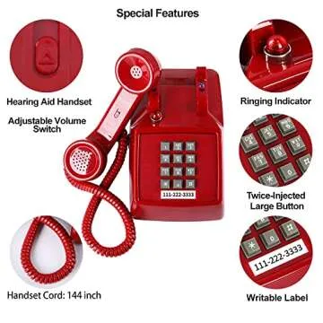 Traditional Red Landline Phone, Retro Corded Telephone with Message Indicator, Classic 2500 Analog Desk Phone, Vintage Corded Desk Telephone Large Button, Old Red Telephone Landline for School,Home