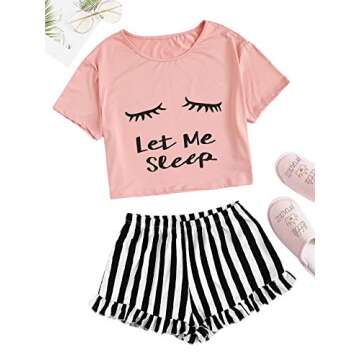 WDIRARA Women's Sleepwear Closed Eyes Print Tee and Striped Shorts Cute Pajama Set