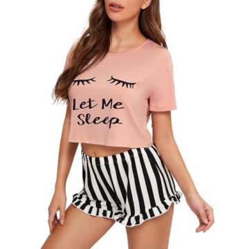 WDIRARA Women's Sleepwear Closed Eyes Print Tee and Striped Shorts Cute Pajama Set