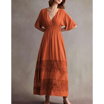 Olaesa Women's Lace Maxi Dress Short Sleeve V Neck Party Dress Smocked Waist Boho Maxi Dress Bohemia...