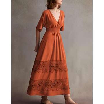 Olaesa Women's Lace Maxi Dress Short Sleeve V Neck Party Dress Smocked Waist Boho Maxi Dress Bohemian Dress for Women Orange