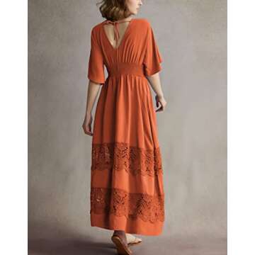 Olaesa Women's Lace Maxi Dress Short Sleeve V Neck Party Dress Smocked Waist Boho Maxi Dress Bohemian Dress for Women Orange