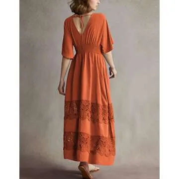 Olaesa Women's Lace Maxi Dress Short Sleeve V Neck Party Dress Smocked Waist Boho Maxi Dress Bohemian Dress for Women Orange