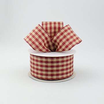 1.5" Wide Primitive Gingham Check Canvas Wired Ribbon Red & Tan (10 Yards) Good for Americana/Rustic...