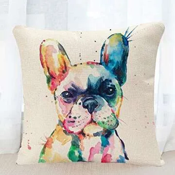 YGGQF Animal Throw Pillow Cover Head Frenchie French Bulldog Original Watercolor Dog Wildlife Rainbow Funny Happy Puppy Companion Home Decor Pillowcase for Sofa 18x18 Inches